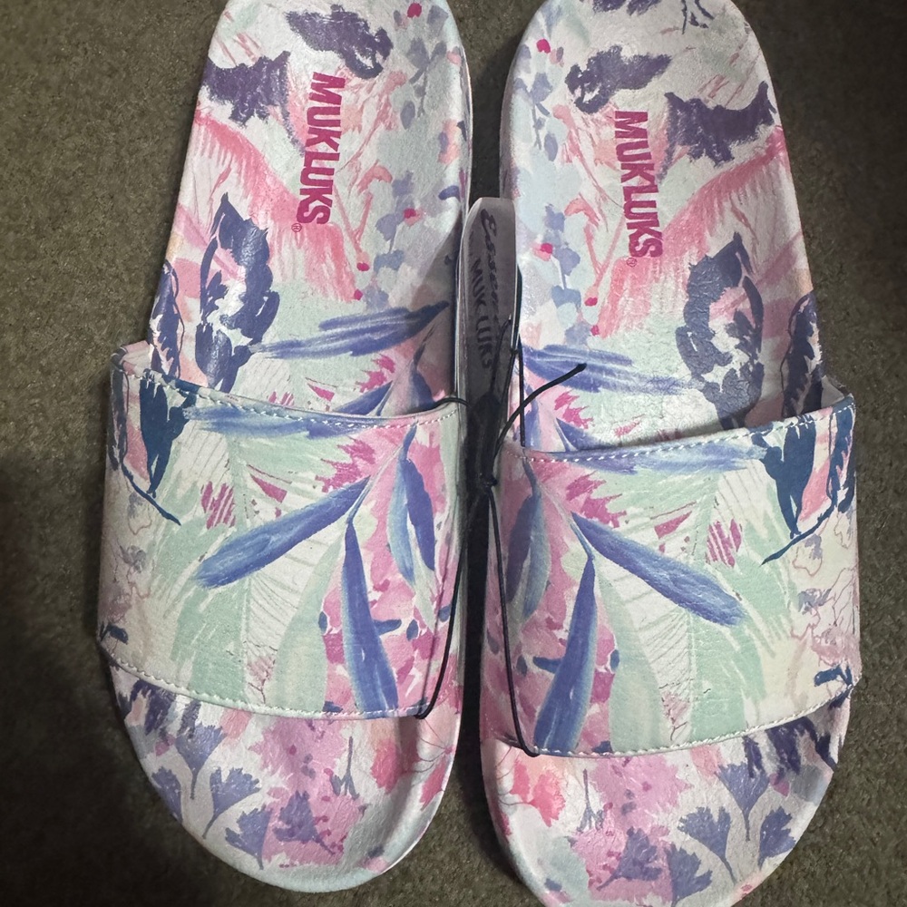 Muk Luks Kids Floral Slide Sandals - Pink and Blue